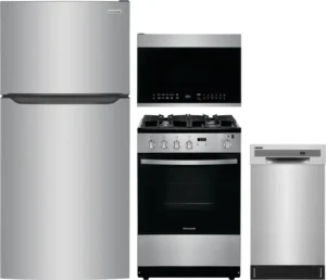 Frigidaire 4-Piece Kitchen Appliances Package with Top Freezer Refrigerator, Gas Range, Dishwasher and Over-the-Range Microwave - Stainless Steel