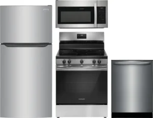 Frigidaire 4-Piece Kitchen Appliances Package with Top Freezer Refrigerator, Electric Range, Dishwasher and Over-the-Range Microwave - Stainless Steel