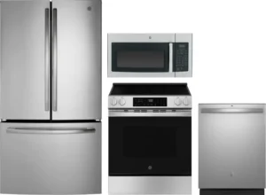 GE 4-Piece Kitchen Appliances Package with French Door Refrigerator, Electric Range, Dishwasher and Over-the-Range Microwave - Stainless Steel
