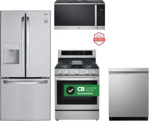Kitchen Appliance Packages > LGRERADWMW21293 new image LGLGRERADWMW21293  4 Piece Kitchen Appliances Package with French Door Refrigerator, Gas Range, Dishwasher and Over the Range Microwave in Stainless Steel