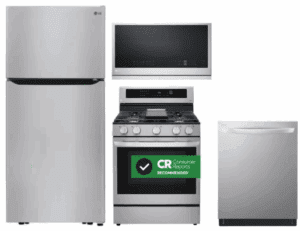 LG LGRERADWMW3783  4 Piece Kitchen Appliances Package with Top Freezer Refrigerator, Gas Range, Dishwasher and Over the Range Microwave in Stainless Steel