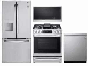 LG LGRERADWMW3782  4 Piece Kitchen Appliances Package with French Door Refrigerator, Gas Range, Dishwasher and Over the Range Microwave in Stainless Steel