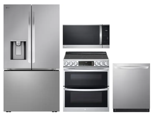 LG LGRERADWMW21326 4 Piece Kitchen Appliances Package with French Door Refrigerator, Electric Range, Dishwasher and Over the Range Microwave in Stainless Steel