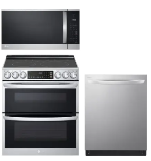 LG LGRERADWMW21326 4 Piece Kitchen Appliances Package with French Door Refrigerator, Electric Range, Dishwasher and Over the Range Microwave in Stainless Steel - Image 2