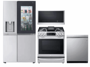 LG LGRERADWMW3788 4 Piece Kitchen Appliances Package with Side-by-Side Refrigerator, Gas Range, Dishwasher and Over the Range Microwave in Stainless Steel