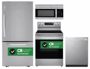 LG LGRERADWMW3814  4 Piece Kitchen Appliances Package with Bottom Freezer Refrigerator, Electric Range, Dishwasher and Over the Range Microwave in Stainless Steel