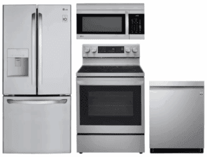 LG LGRERADWMW6718 4 Piece Kitchen Appliances Package with French Door Refrigerator, Electric Range, Dishwasher and Over the Range Microwave in Stainless Steel