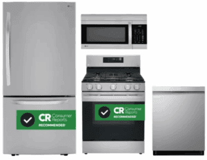 LG LGRERADWMW20923  4 Piece Kitchen Appliances Package with Bottom Freezer Refrigerator, Gas Range, Dishwasher and Over the Range Microwave in Stainless Steel