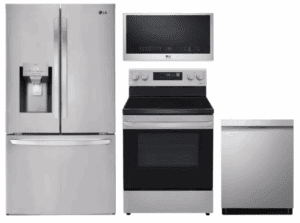 LG LGRERADWMW12523  4 Piece Kitchen Appliances Package with French Door Refrigerator, Electric Range, Dishwasher and Over the Range Microwave in Stainless Steel