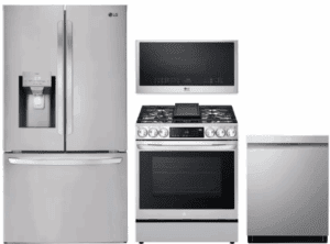 LG LGRERADWMW12522  4 Piece Kitchen Appliances Package with French Door Refrigerator, Gas Range, Dishwasher and Over the Range Microwave in Stainless Steel