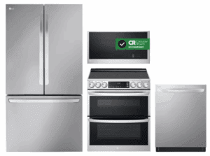 LG LGRERADWMW12517  4 Piece Kitchen Appliances Package with French Door Refrigerator, Electric Range, Dishwasher and Over the Range Microwave in Stainless Steel