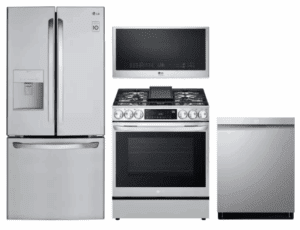 LG LGRERADWMW12510  4 Piece Kitchen Appliances Package with French Door Refrigerator, Gas Range, Dishwasher and Over the Range Microwave in Stainless Steel
