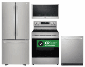 LG LGRERADWMW12509  4 Piece Kitchen Appliances Package with French Door Refrigerator, Electric Range, Dishwasher and Over the Range Microwave in Stainless Steel