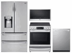 LG LGRERADWMW12505  4 Piece Kitchen Appliances Package with French Door Refrigerator, Electric Range, Dishwasher and Over the Range Microwave in Stainless Steel