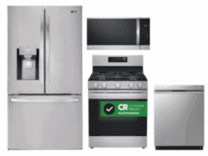 LG LGRERADWMW20902 4 Piece Kitchen Appliances Package with French Door Refrigerator, Gas Range, Over the Range Microwave and Dishwasher in Stainless Steel