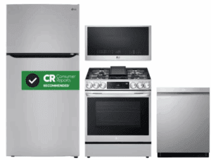 LG LGRERADWMW12504  4 Piece Kitchen Appliances Package with Top Freezer Refrigerator, Gas Range, Dishwasher and Over the Range Microwave in Stainless Steel