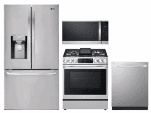 LG LGRERADWMW21342  4 Piece Kitchen Appliances Package with French Door Refrigerator, Gas Range, Dishwasher and Over the Range Microwave in Stainless Steel