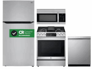 LG LGRERADWMW12486 4 Piece Kitchen Appliances Package with Top Freezer Refrigerator, Gas Range, Dishwasher and Over the Range Microwave in Stainless Steel
