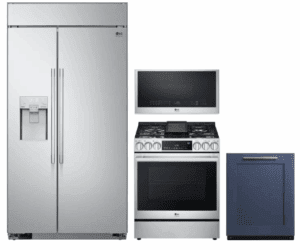 LG LGRERADWMW12475 4 Piece Kitchen Appliances Package with Side-by-Side Refrigerator, Gas Range, Dishwasher and Over the Range Microwave in Stainless Steel