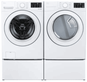 LG LGWADRGW34712 Side-by-Side on SideKick Pedestals Front Load Washer and Gas Dryer Set in White