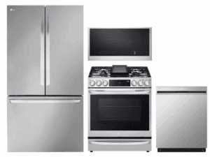 LG LGRERADWMW14262  4 Piece Kitchen Appliances Package with French Door Refrigerator, Gas Range, Dishwasher and Over the Range Microwave in Stainless Steel