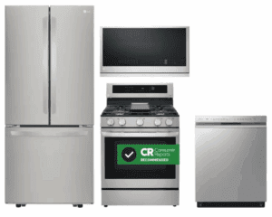 LG LGRERADWMW4200 4 Piece Kitchen Appliances Package with French Door Refrigerator, Gas Range, Dishwasher and Over the Range Microwave in Stainless Steel