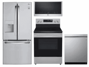 LG LGRERADWMW4164 4 Piece Kitchen Appliances Package with French Door Refrigerator, Electric Range, Dishwasher and Over the Range Microwave in Stainless Steel