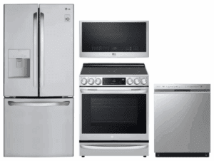LG LGRERADWMW4155 4 Piece Kitchen Appliances Package with French Door Refrigerator, Electric Range, Dishwasher and Over the Range Microwave in Stainless Steel
