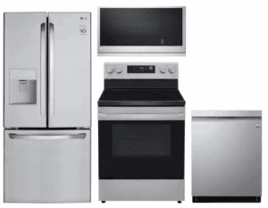 LG LGRERADWMW4148 4 Piece Kitchen Appliances Package with French Door Refrigerator, Electric Range, Dishwasher and Over the Range Microwave in Stainless Steel
