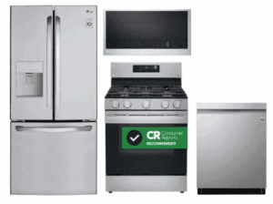 LG LGRERADWMW4146 4 Piece Kitchen Appliances Package with French Door Refrigerator, Gas Range, Dishwasher and Over the Range Microwave in Stainless Steel
