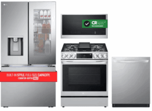 LG LGRERADWMW20914  4 Piece Kitchen Appliances Package with French Door Refrigerator, Gas Range, Over the Range Microwave and Dishwasher in Stainless Steel