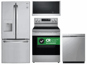 LG LGRERADWMW4137  4 Piece Kitchen Appliances Package with French Door Refrigerator, Electric Range, Dishwasher and Over the Range Microwave in Stainless Steel