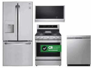 LG LGRERADWMW4136  4 Piece Kitchen Appliances Package with French Door Refrigerator, Gas Range, Dishwasher and Over the Range Microwave in Stainless Steel