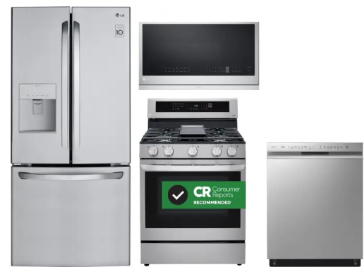 LG LGRERADWMW4136 4 Piece Kitchen Appliances Package with French Door Refrigerator, Gas Range, Dishwasher and Over the Range Microwave in Stainless Steel