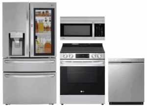LG LGRERADWMW4124  4 Piece Kitchen Appliances Package with French Door Refrigerator, Electric Range, Dishwasher and Over the Range Microwave in Stainless Steel