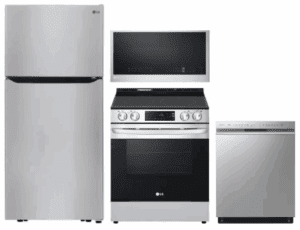 LG LGRERADWMW4122  4 Piece Kitchen Appliances Package with Top Freezer Refrigerator, Electric Range, Dishwasher and Over the Range Microwave in Stainless Steel