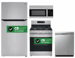 LG LGRERADWMW4088  4 Piece Kitchen Appliances Package with Top Freezer Refrigerator, Gas Range, Dishwasher and Over the Range Microwave in Stainless Steel