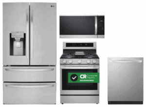 LG LGRERADWMW20906  4 Piece Kitchen Appliances Package with French Door Refrigerator, Gas Range, Over the Range Microwave and Dishwasher in Stainless Steel