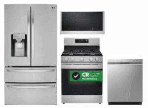 LG LGRERADWMW4086  4 Piece Kitchen Appliances Package with French Door Refrigerator, Gas Range, Dishwasher and Over the Range Microwave in Stainless Steel