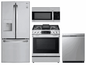LG LGRERADWMW4052  4 Piece Kitchen Appliances Package with French Door Refrigerator, Gas Range, Dishwasher and Over the Range Microwave in Stainless Steel