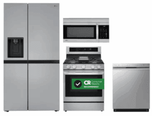 LG LGRERADWMW4046  4 Piece Kitchen Appliances Package with Side-by-Side Refrigerator, Gas Range, Dishwasher and Over the Range Microwave in Stainless Steel