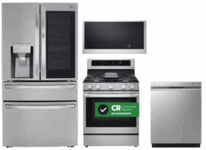 LG LGRERADWMW4038  4 Piece Kitchen Appliances Package with French Door Refrigerator, Gas Range, Dishwasher and Over the Range Microwave in Stainless Steel