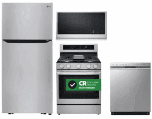 LG LGRERADWMW4030  4 Piece Kitchen Appliances Package with Top Freezer Refrigerator, Gas Range, Dishwasher and Over the Range Microwave in Stainless Steel