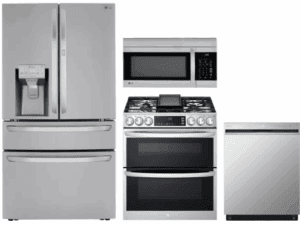 LG LGRERADWMW4003  4 Piece Kitchen Appliances Package with French Door Refrigerator, Gas Range, Dishwasher and Over the Range Microwave in Stainless Steel
