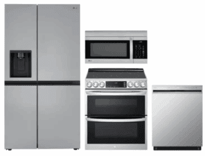 LG LGRERADWMW4000  4 Piece Kitchen Appliances Package with Side-by-Side Refrigerator, Electric Range, Dishwasher and Over the Range Microwave in Stainless Steel