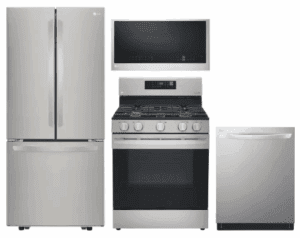 LG LGRERADWMW20899  4 Piece Kitchen Appliances Package with French Door Refrigerator, Gas Range, Dishwasher and Over the Range Microwave in Stainless Steel
