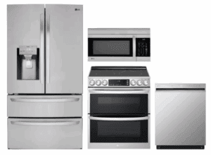 LG LGRERADWMW3994  4 Piece Kitchen Appliances Package with French Door Refrigerator, Electric Range, Dishwasher and Over the Range Microwave in Stainless Steel