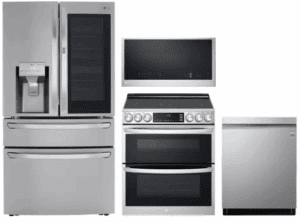 LG LGRERADWMW3992  4 Piece Kitchen Appliances Package with French Door Refrigerator, Electric Range, Dishwasher and Over the Range Microwave in Stainless Steel