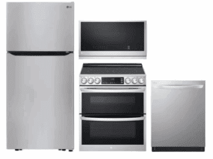 LG LGRERADWMW3984  4 Piece Kitchen Appliances Package with Top Freezer Refrigerator, Electric Range, Dishwasher and Over the Range Microwave in Stainless Steel