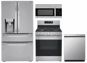 LG LGRERADWMW3982  4 Piece Kitchen Appliances Package with French Door Refrigerator, Gas Range, Dishwasher and Over the Range Microwave in Stainless Steel
